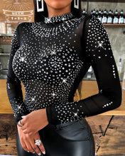 Load image into Gallery viewer, Women Shiny Rhinestone Studded Long Sleeve Mesh Bodysuit freeshipping - Tyche Ace
