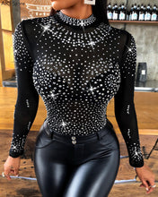 Load image into Gallery viewer, Women Shiny Rhinestone Studded Long Sleeve Mesh Bodysuit freeshipping - Tyche Ace