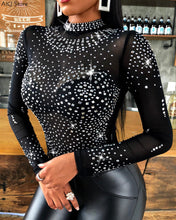 Load image into Gallery viewer, Women Shiny Rhinestone Studded Long Sleeve Mesh Bodysuit freeshipping - Tyche Ace