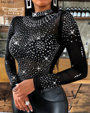 Load image into Gallery viewer, Women Shiny Rhinestone Studded Long Sleeve Mesh Bodysuit freeshipping - Tyche Ace