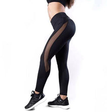Load image into Gallery viewer, Women Solid High Waist Mesh And PU Leather Patchwork Leggings freeshipping - Tyche Ace