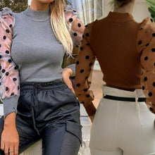 Load image into Gallery viewer, Women Turtleneck Knitted Polka Dot Puff Mesh Long Sleeve Blouse freeshipping - Tyche Ace