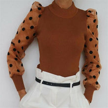 Load image into Gallery viewer, Women Turtleneck Knitted Polka Dot Puff Mesh Long Sleeve Blouse freeshipping - Tyche Ace