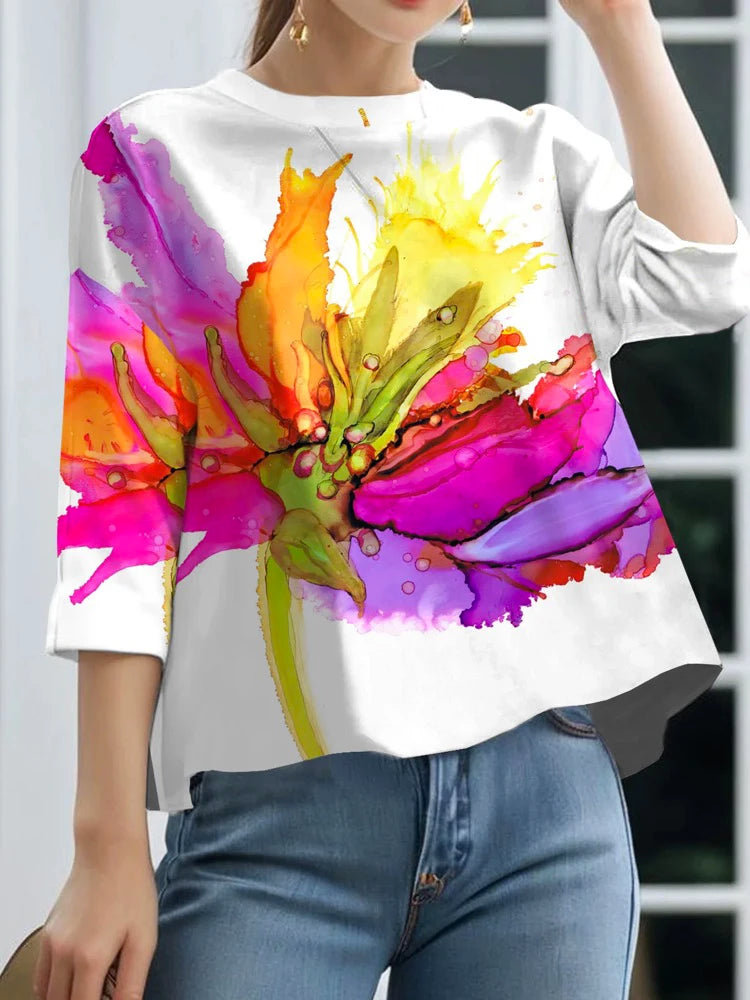 Women Flower Design Summer Loose Fit Top - Tyche Ace