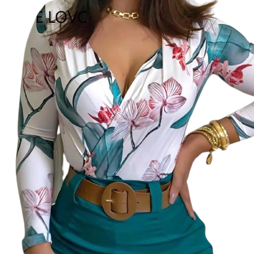 2Pcs Women Summer Long Sleeve Floral Top Design And Shorts Set freeshipping - Tyche Ace