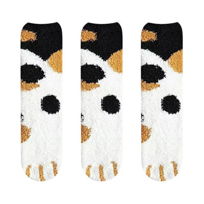 3 Pairs Women Winter Warm Cat Paw Cartoon Design Fluffy  Slippers Socks