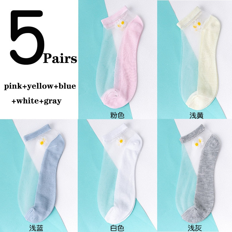 5 Pairs Ultra Thin Transparent Daisy Flower Design Ankle Socks freeshipping - Tyche Ace