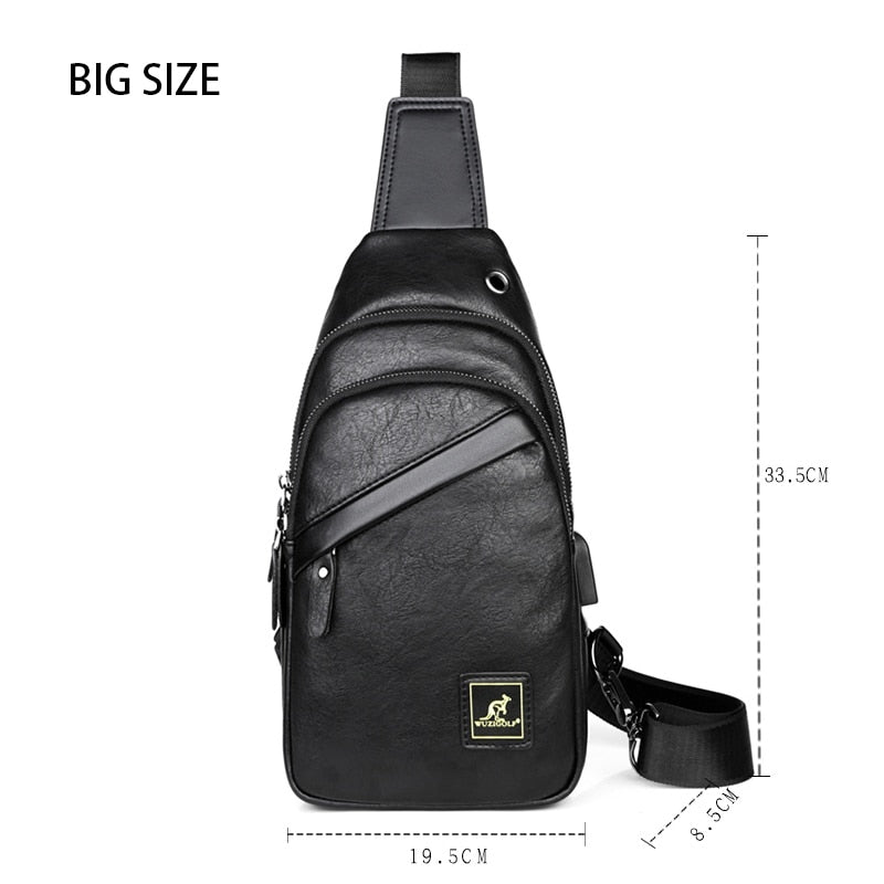 Crazy Horse Leather USB Charging Sling Back Shoulder Travel Crossbody Bags