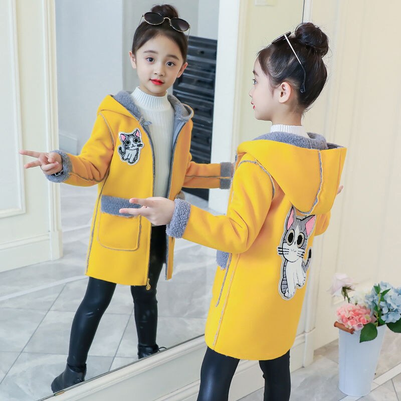 Thick Fur Woolen Cute Cat Design Winter Coats For Girls