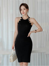 Load image into Gallery viewer, Pencil Sleeveless Halter Button Design Knitted Black Bodycon Dresses For Women
