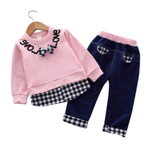 Load image into Gallery viewer, Plaid Letter Print Letter Print Design Baby Girl Sweater Two Piece Suit
