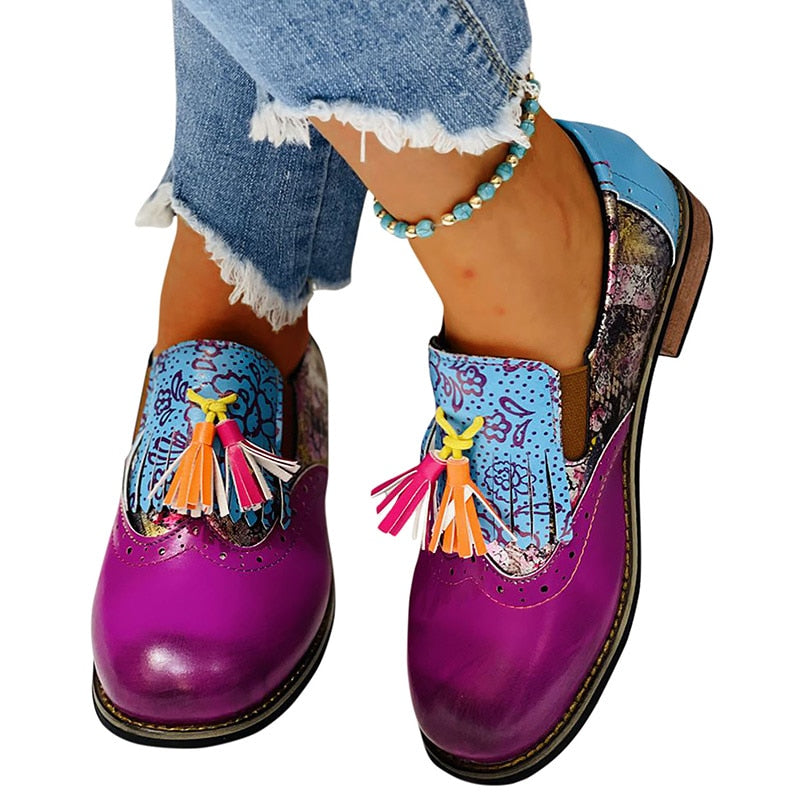 Flat Printed Vintage Round Toe Tassel & Lace Up Shoes For Women - Tyche Ace