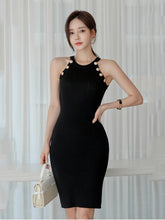 Load image into Gallery viewer, Pencil Sleeveless Halter Button Design Knitted Black Bodycon Dresses For Women
