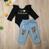 Letter Long Sleeve Ruffle Leotard Denim Pants Set For Girls freeshipping - Tyche Ace