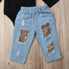 Letter Long Sleeve Ruffle Leotard Denim Pants Set For Girls freeshipping - Tyche Ace