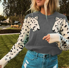 Load image into Gallery viewer, Knitted Cheetah Head Print Splice Loose Jumper Pullover
