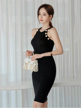 Load image into Gallery viewer, Pencil Sleeveless Halter Button Design Knitted Black Bodycon Dresses For Women
