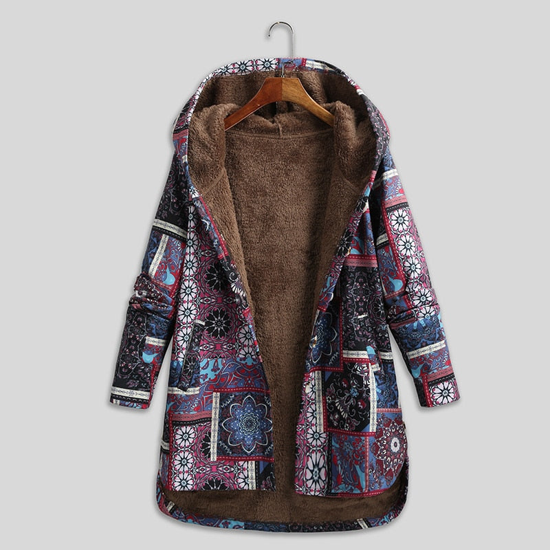 Versear Female Jacket Plush Coat Women Windbreaker Winter Warm Outwear Floral Print Hooded Pockets Vintage Oversized Coats Plus freeshipping - Tyche Ace