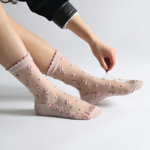 Load image into Gallery viewer, Pair Breathable Ultra Thin Transparent Silk Crystal Rose Flower Sock Slippers freeshipping - Tyche Ace
