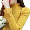 Knitted Long Lace Trim Design Sleeves Turtleneck Sweaters For Women