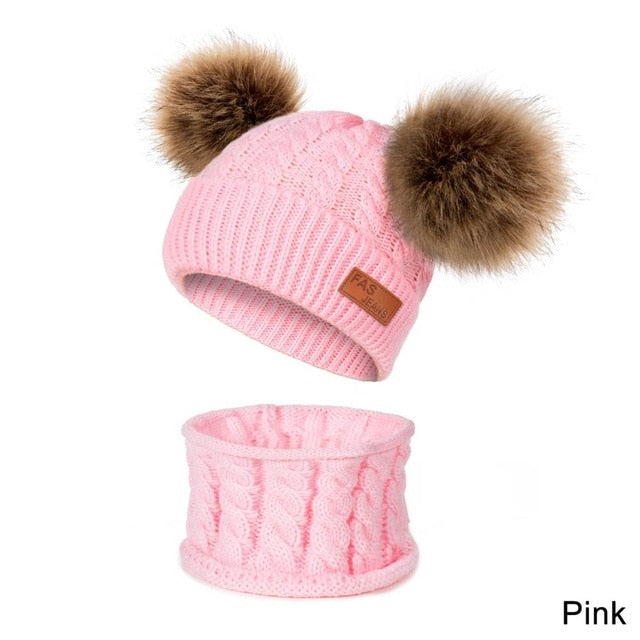 Unisex Pompom Knitted Hat and Scarf Beanie Hats Sets For Kids