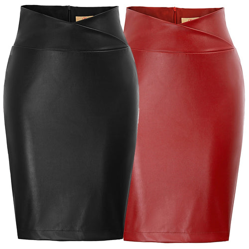 Faux Leather High Waist Back Split Knee Length Pencil Skirts For Women