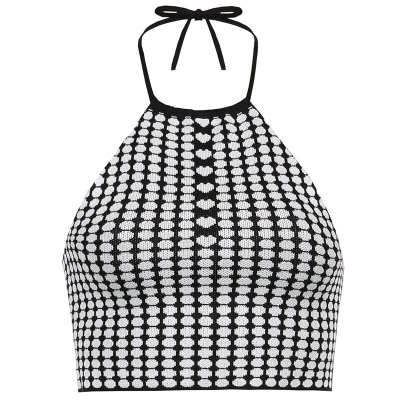 Black Vintage Plaid Design Backless Halter Crop Tank Top - Tyche Ace
