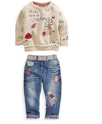 Denim Cartoon Long Sleeves Sweater + Jeans Suit Set For Kids