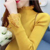Knitted Long Lace Trim Design Sleeves Turtleneck Sweaters For Women
