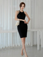Load image into Gallery viewer, Pencil Sleeveless Halter Button Design Knitted Black Bodycon Dresses For Women
