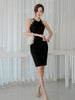 Pencil Sleeveless Halter Button Design Knitted Black Bodycon Dresses For Women