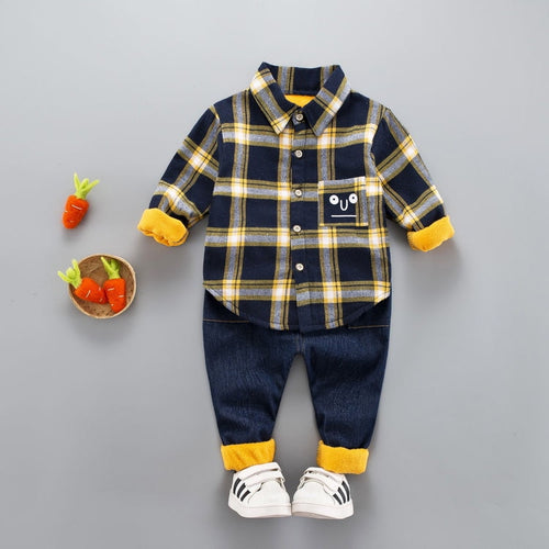 2Pcs/Sets Thick Plush Lined Velvet Plaid Shirt & Pants Suits For Toddlers