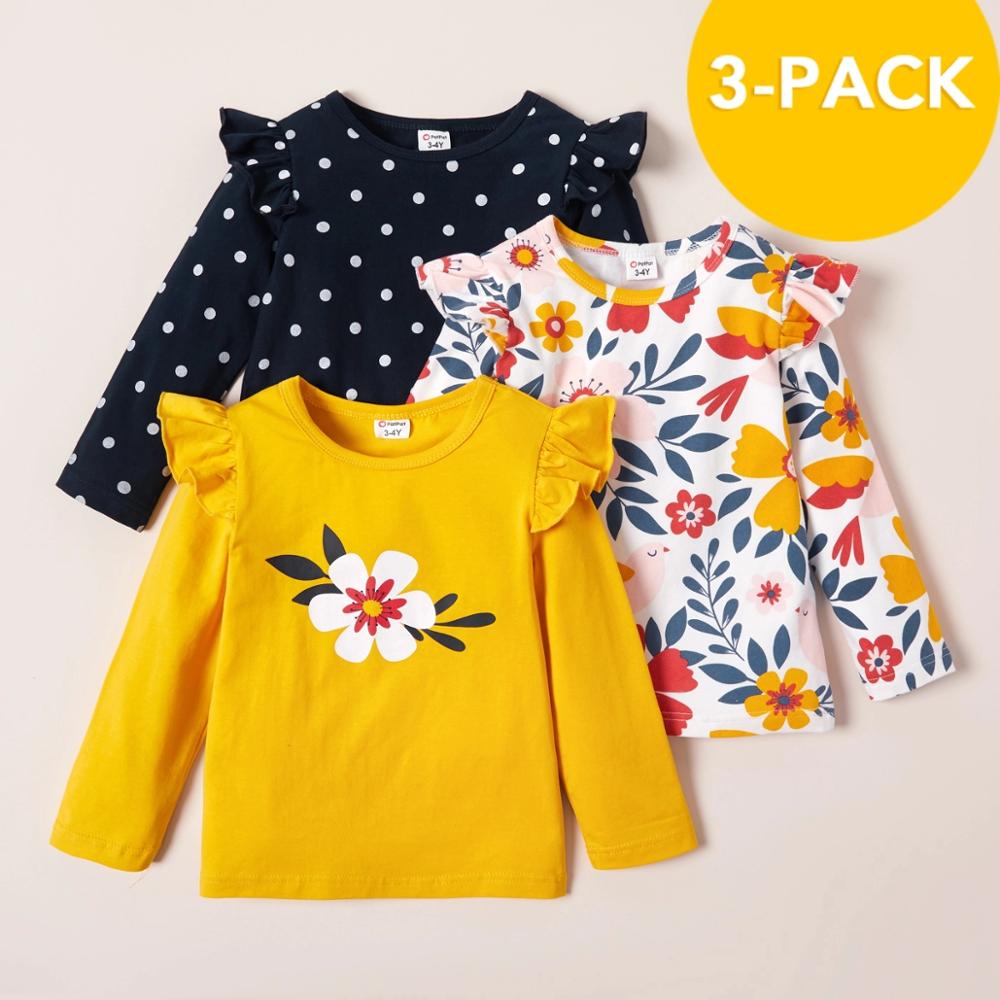 3 Pack Cute Floral Dots Long- Sleeve T-Shirt For Kids