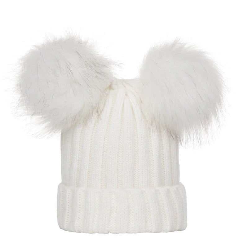 Double Hairball Solid Pompom Beanie Hat