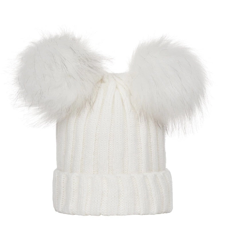 Double Hairball Solid Pompom Beanie Hat - Tyche Ace