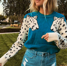 Load image into Gallery viewer, Knitted Cheetah Head Print Splice Loose Jumper Pullover
