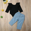 Letter Long Sleeve Ruffle Leotard Denim Pants Set For Girls freeshipping - Tyche Ace