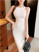 Load image into Gallery viewer, Pencil Sleeveless Halter Button Design Knitted Black Bodycon Dresses For Women
