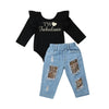 Letter Long Sleeve Ruffle Leotard Denim Pants Set For Girls freeshipping - Tyche Ace