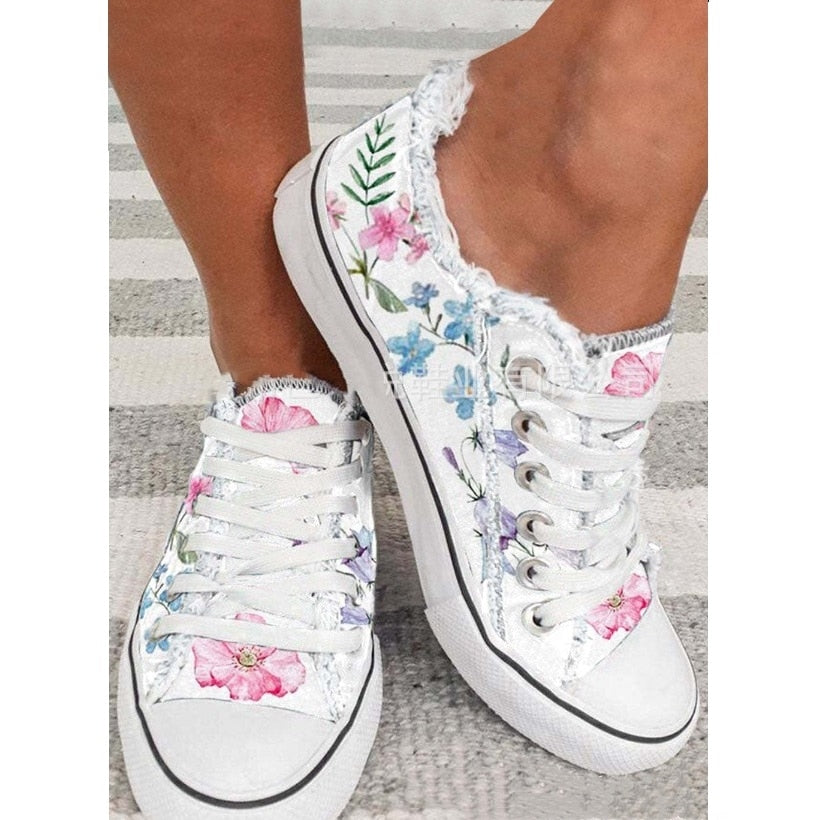 Women Flower Printed Lace Up Canvas Shoes
