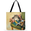 Eco Friendly Unisex Cat Retro Oil Painting Print Linen Reusable Tote Bag freeshipping - Tyche Ace