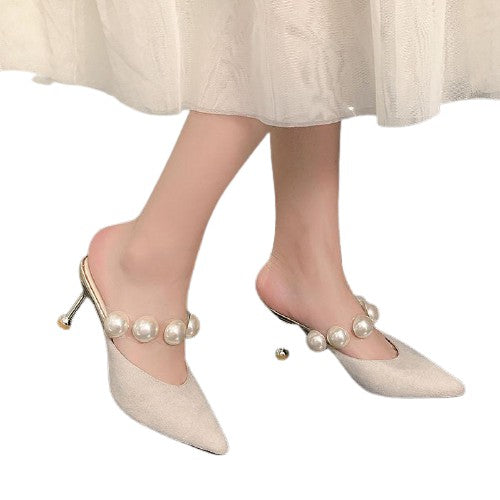 String Bead Pointed Design Thin Heels PU Slide Comfy Sandals For Women
