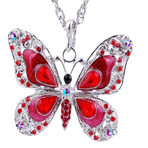 Enamel Long Necklace Chain Butterfly Crystal Pendant For Women