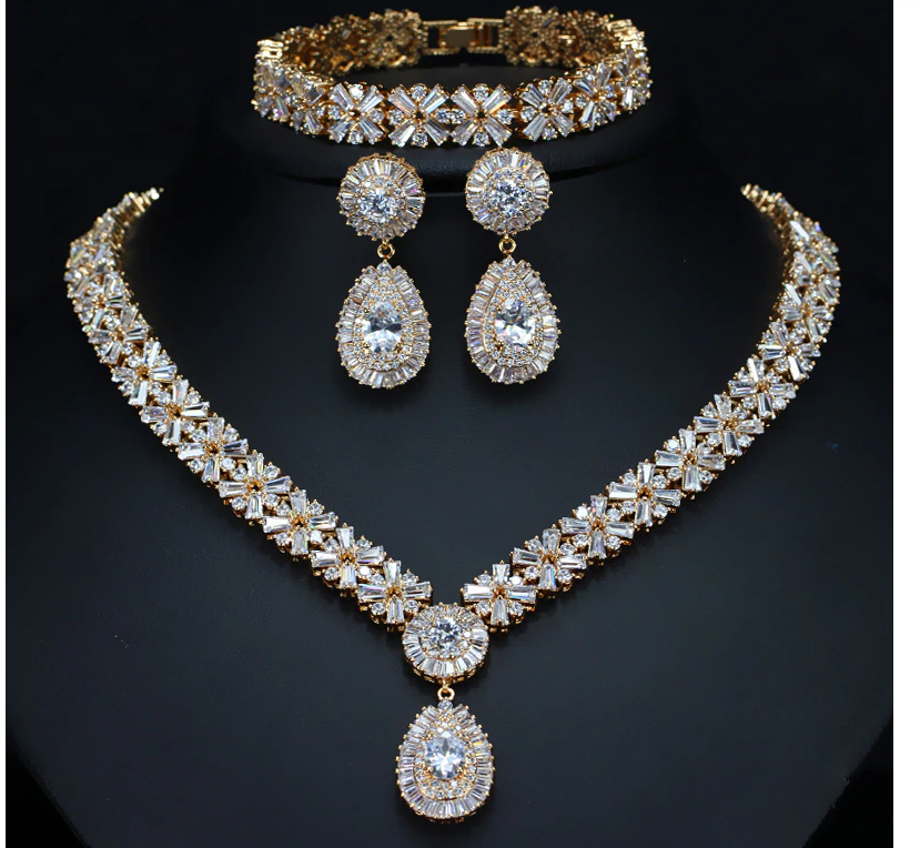 Woman Gold Plated Luxury Cubic Zirconia Necklace Earring Bracelet Set freeshipping - Tyche Ace