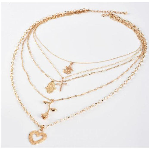 Women  Cross Heart, Triangle Pendant Multilayer Gold Necklace Set freeshipping - Tyche Ace