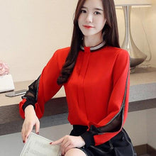 Load image into Gallery viewer, Women Elegant Chiffon Patchwork Hollow Out Stand Collar Blouse freeshipping - Tyche Ace
