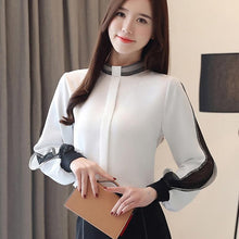 Load image into Gallery viewer, Women Elegant Chiffon Patchwork Hollow Out Stand Collar Blouse freeshipping - Tyche Ace
