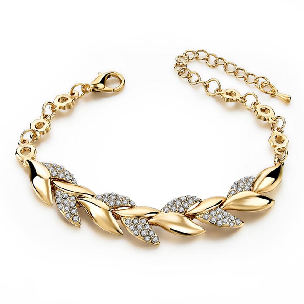 Women Elegant Gold Plated Rhinestone Leaves Chain Bangle freeshipping - Tyche Ace