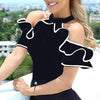 Women Elegant Sleeveless Stand Collar Contrast Trim Ruffles Design Blouse freeshipping - Tyche Ace