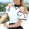 Women Elegant Sleeveless Stand Collar Contrast Trim Ruffles Design Blouse freeshipping - Tyche Ace